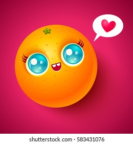 Vector kawaii orange with blue eyes. Cute orange on bright background.