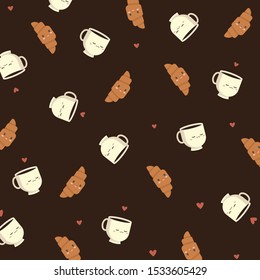 
Vector kawaii pattern with croissant and coffee mug on brown contrasted background with hearts. Pattern of elements located in different directions. French breakfast pattern.