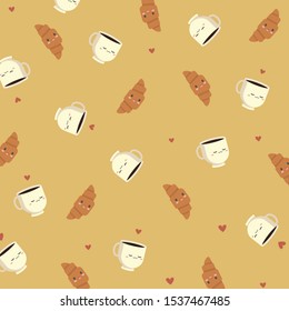 Vector kawaii pattern with croissant and coffee mug on brown contrasted background with hearts. Pattern of elements located in different directions. French breakfast pattern.
