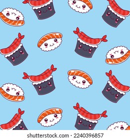 Vector kawaii pattern with cute sushi japanese food