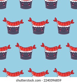 Vector kawaii pattern with cute sushi roll japanese food