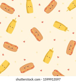Vector kawaii pattern with hot dog and mustard on a pastel yellow background with stars and hearts. Pattern of elements located in different directions. Happy hot dog and cute mustard.