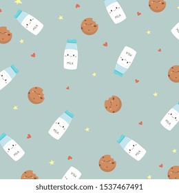 Vector kawaii pattern with milk and cookies on a pastel blue background with stars and hearts. Pattern of elements located in different directions. Happy milk and cute cookies.