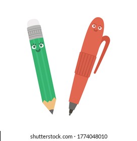 Vector Kawaii Pen And Pencil Illustration. Back To School Educational Clipart. Cute Flat Style Smiling Stationery With Eyes. Funny Picture For Kids
