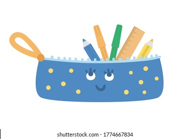 Vector kawaii pencil case illustration. Back to school educational clipart. Cute flat style smiling stationery box with ruler, pencils, felt pens. Funny picture for kids
