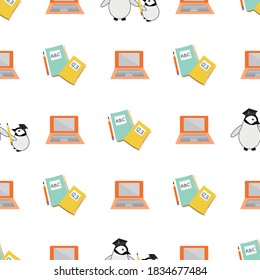 Vector Kawaii penguin chicks with notebooks and laptops seamless pattern background. Cartoon pair of emperor baby chicks with journals, computers on white backdrop. Repeat for learning, school concept