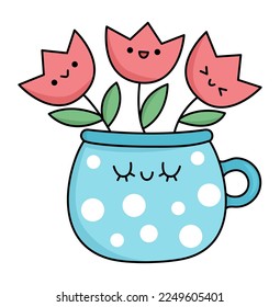 Vector kawaii pot with tulips icon for kids. Cute Easter symbol illustration. Funny cartoon character. Adorable spring clipart with smiling cup and first flower bouquet
