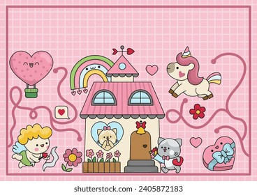 Vector kawaii Saint Valentine background with cute cats, country house, unicorn, hearts. Funny love holiday card or activity book cover with traditional characters. Cartoon horizontal illustration
