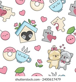 Vector kawaii Saint Valentine seamless pattern for kids. Cute cartoon repeat background with perfect match concept. Traditional love holiday digital paper with puzzle pieces, birds, cats, hearts
