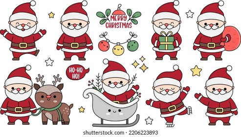 El vector kawaii Santa Claus. Amigos muy amables con regalo, sack, trineo, patinaje. Dibujo del padre Frost. Navidad, invierno, personaje de Año Nuevo. Paquete divertido de iconos de dibujos animados de vacaciones
