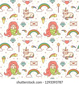 Vector kawaii seamless magic baby background with unicorn, mermaid, star, diamond, catcorn, cloud and rainbow. Kids line style illustration with dreaming magic kitty. Bright pattern for children.