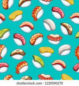 Vector kawaii seamless pattern japanese food illustration for shop design on blue background .Sushi icons with tuna, salmon, eel, avocado, omelette, octopus, shrimp. 