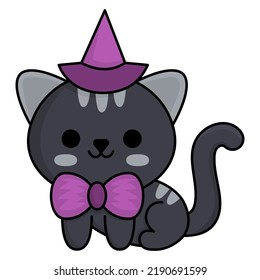 Vector kawaii sitting black cat with purple bow. Cute smiling Halloween character for kids. Funny autumn all saints day cartoon animal illustration. Samhain party kitten icon for children
