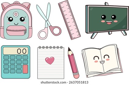 vector kawaii student essentials, school supplies 