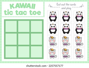 Vector kawaii tic tac toe chart with adorable panda bear and cat. Board game playing field with cute characters. Funny printable worksheet. Noughts and crosses grid 

