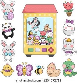 Vector kawaii toy vending machine with Easter toys. Cute gadget illustration with bunny, chick, colored egg, panda bear, tulip flower. Funny cartoon gambling game with spring characters
