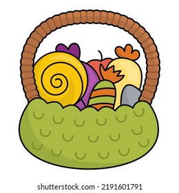Vector kawaii trick or treat basket with sweets. Cute Halloween design for kids. Funny autumn all saints day cartoon illustration with candies. Samhain party icon for children
