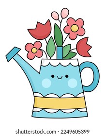 Vektor kawaii Wassersport kann mit ersten Blumen Symbol für Kinder. Cute Ostersymbolgrafik. Ein lustiger Cartoon-Charakter. Adorable Feder-Clip-Art mit Lächeln Topf und Tulpen-Bouquet
