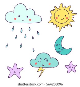 Vector kawaii weather illustrations set - cloud, sun, moon, stormy cloud with thunder and stars