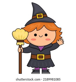 Vector kawaii witch. Cute smiling Halloween character for kids. Funny autumn all saints day cartoon illustration with girl in tall hat with broomstick. Samhain party icon design for children
