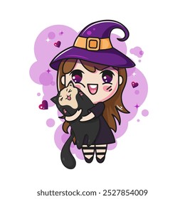 Vector kawaii witch with magic cat. Halloween characters. 