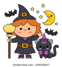 Vector Kawaii Witch Standing With Broom And Black Cat Under The Half Moon And Stars. Halloween Scene With Cute Girl. All Saints Day Illustration. Funny Trick Or Treat Party Concept For Kids
