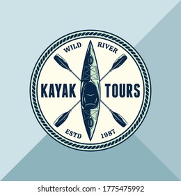 Vector kayak adventures, camp or club round logo with paddles and boat. Water sport, kayaking, canoeing, rafting badge design concept