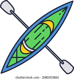 Vector kayak. Canoe with paddle above icon. Rafting sport. Flat river boat emblem. Summer extreme vacation, canoeing, kayaking and rowing concept