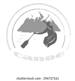 Vector kayak silhouette. Vintage badge sign of canoe / kayak athlete against mountains with Canoe text. Canoe icon symbol.