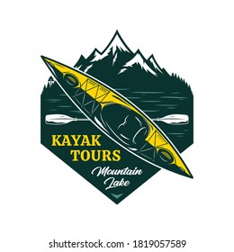 Vector kayak tours logo with boat, paddle and mountain. Water sport and kayaking badge design concept