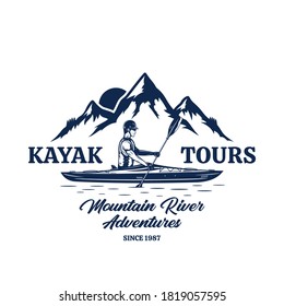 Vector kayak tours logo with kayaker and mountain silhouette. Water sport and  kayaking badge design concept