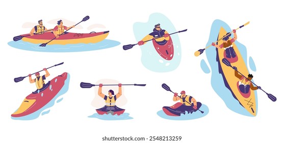 Un set de kayak de Vector en el que hombres y mujeres sostienen remos en sus manos y reman. Una ilustración que representa salpicaduras de agua y actividades al aire libre en verano