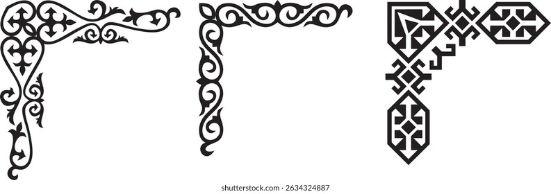 Vector Kazakh black monochrome national ornament, Ethnic pattern of the Turkic peoples. Drawing of nomads. Yurt decoration. Frame, vignette of the page.
