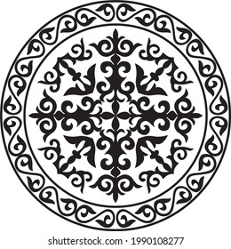 Vector Kazakh Folk Pattern Shanyrak. The Upper Hole For A Dvma On The Roof Of A Kazakh, Mongolian Or Kalmyk Yurt. House Of Nomads. Round National Pattern Of The Peoples Of The Great Steppe. Circle Of 