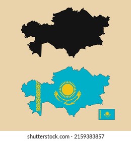 Mapa de esquema del vector del país de Kazajistán con la bandera puesta aislada en el fondo de la llanura. La silueta del mapa del país se puede utilizar para plantillas, informes e infografías.