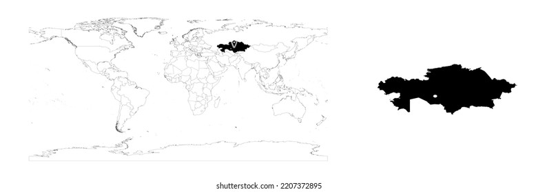 Vector Kazakhstan map showing country location on world map and solid map for Kazakhstan on white background. File is suitable for digital editing and prints of all sizes.