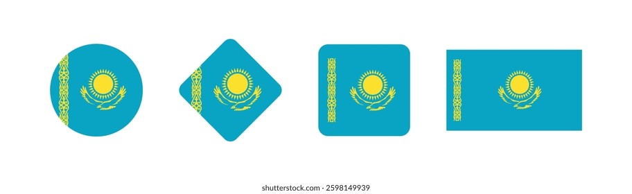 Vector Kazakhstan National Flag icon collection. Set of Kazakhstan Flag Icons in Various Shapes.