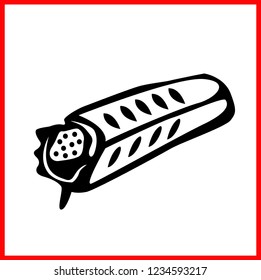 Vector kebab icon isolated on white background. Meat in pita bread. Black silhouette, drawing, illustration, flat symbol.