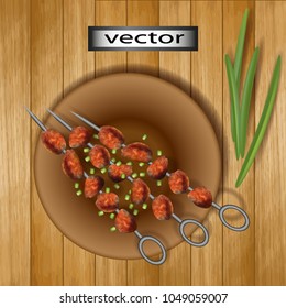 Vector, kebab, meat roasted on spits, traditional dishes of Caucasian cuisine 3D, mesh, realistic illustration.