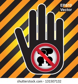 Vector : Keep Quiet Sign Present By Hand With No Talking Sign Inside in Caution Zone Dark and Yellow Background