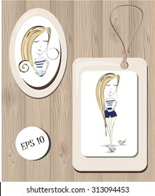 vector keepsake set. oval example of magnet and square tag with illustration of girl with long curly blond hair and holding a bird in her hands