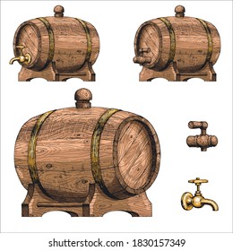 Vector keg para vino, cerveza, kvass. Un boceto dibujado a mano. Estilo de grabado. Barril vintage con un grifo en el estrado. Ilustración de color de un barril de madera. Diseño de publicidad, publicidad, pancartas, menús