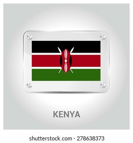 Vector Kenya Flag glass plate with metal holders - Country name label in bottom - Gray background vector illustration