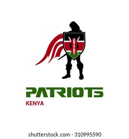 Vector Kenya Flag Patriots Soldier Logo. Mascot Character Design. Memorial Day Army man with Shield. Vector Freedom Leader Logo illustration