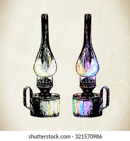 Vector kerosene lamp. Vintage lantern in sketch style.