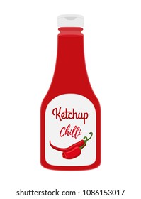 Vector ketchup bottle in cartoon style. Hot, spicy tomato sauce with chilli pepper, condiment in transparent glass, plastic bottle