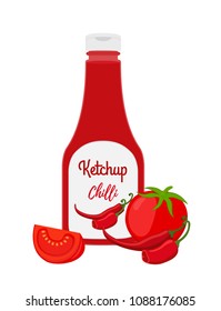 Vector ketchup bottle with sliced tomatoes, hot chilli pepper in cartoon style. Condiment in transparent glass, plastic bottle