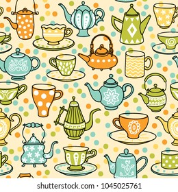 Vector kettle and cup. Set of hand drawn. Seamless pattern. - Shutterstock ID 1045025761