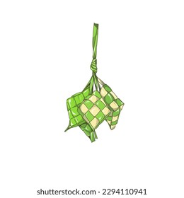 Vektor Ketupat, Ketupat ist Essen für Eid al-Fitr, Ramadan-Lebensmittel aus Kokosflocken, kastenförmig, grüner Farbe, insgesamt drei Stücke mit nach oben hängenden Fäden