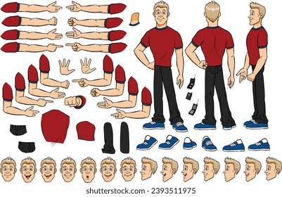 Vector Kevin man character with lip sync and eye blink, all sides rigged